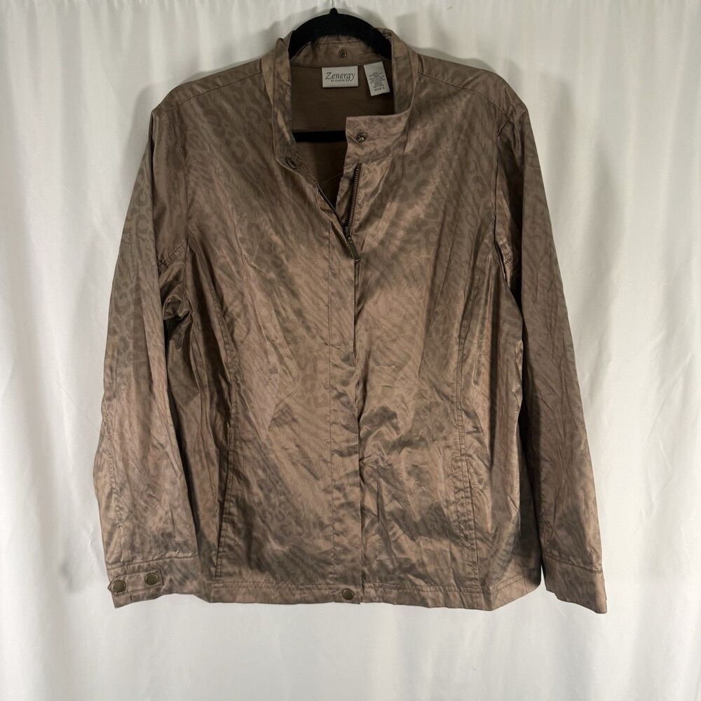 Zenergy by Chico's Jacket Women 16 Gold Leopard Print Zip Snap Pockets Lightwei